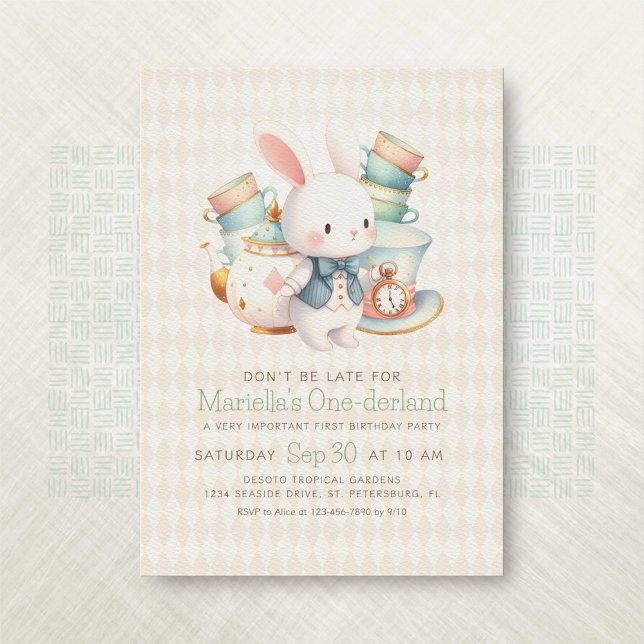 Wonderland Rabbit Tea Party 1st Birthday Invitation (Creator Uploaded)