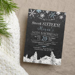 Wonderland snowflakes chic winter sweet sixteen invitation<br><div class="desc">Snowflakes elegant winter sweet sixteen / 16th birthday party invitation template on dark grey chalkboard featuring borders of white and blue snowflakes and pine trees winter wonderland. Fill in your information in the spots, You can choose to customise it further changing fonts and colours of lettering. ---- The invitation is...</div>