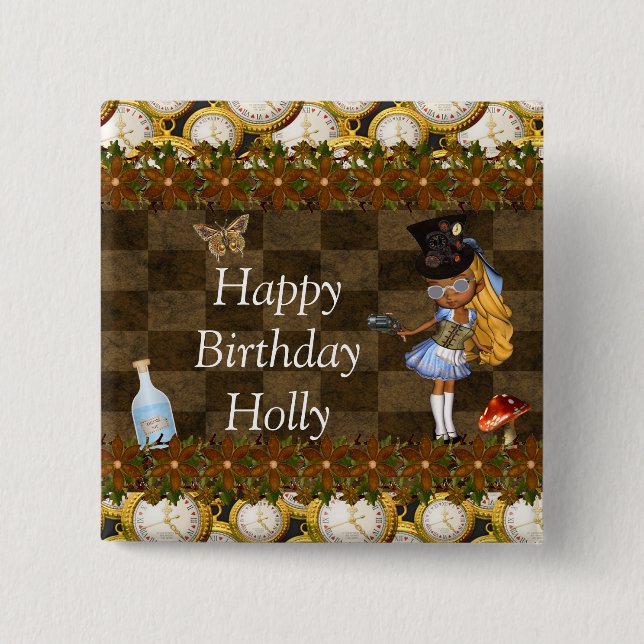 Wonderland Steampunk Birthday Party 15 Cm Square Badge (Front)