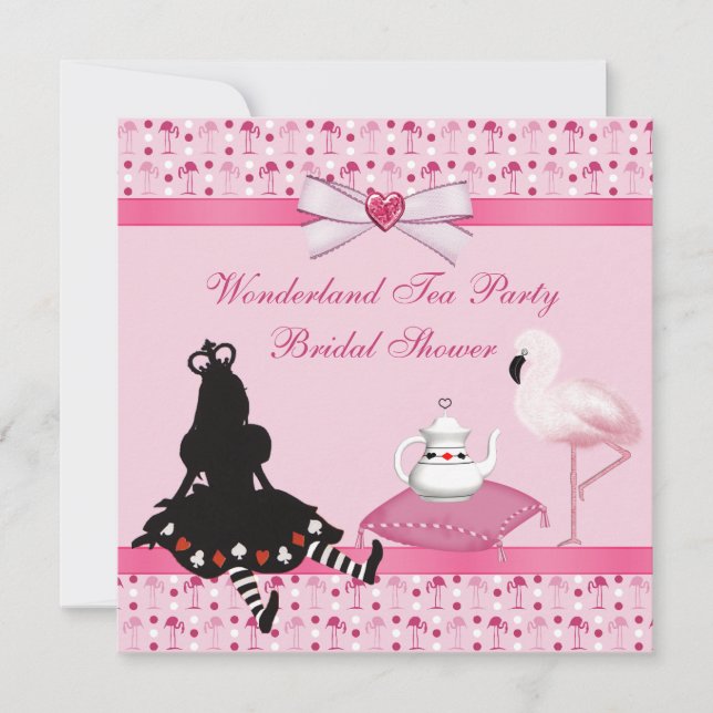 Wonderland Tea Party Pink Flamingos Bridal Shower Invitation (Front)