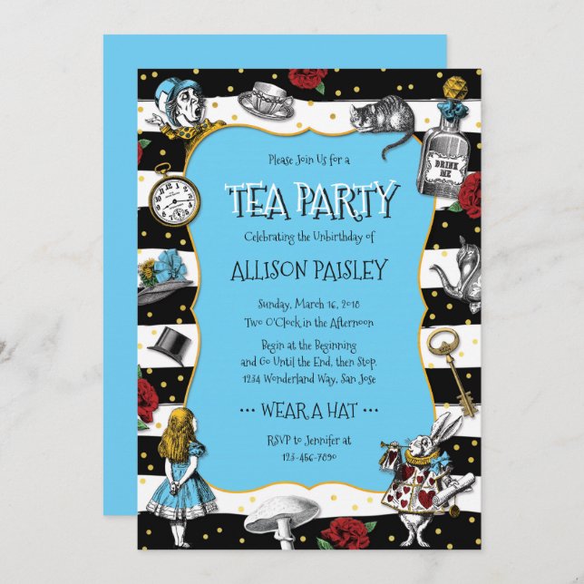 Wonderland Tea Party Whimsical Blue Invitation (Front/Back)