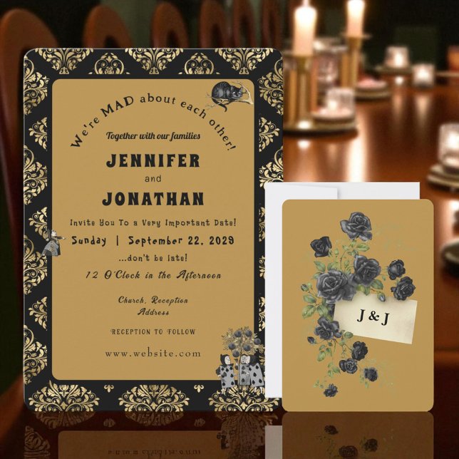 Wonderland Whimsy Gold, Black Wedding Invitation (Creator Uploaded)
