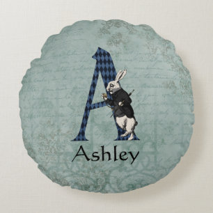Wonderland White Rabbit Letter A  Round Cushion