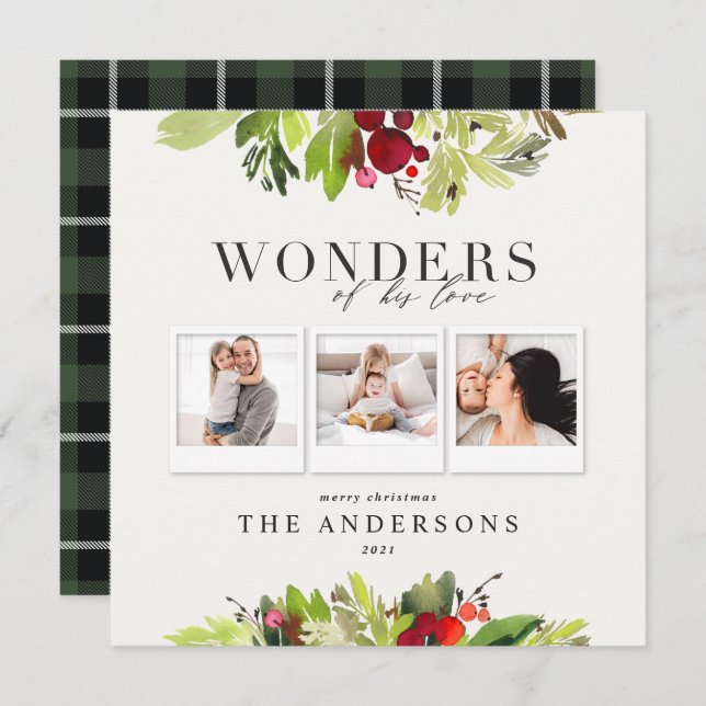 Wonders of his love 3 photo plaid and foliage holiday card (Front/Back)