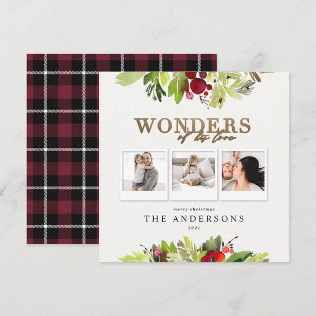 Wonders of his love 3 photo plaid gold foliage holiday card (Front/Back)