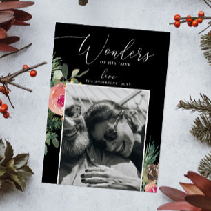 Wonders of His Love   Black Floral Christmas Photo Holiday Card