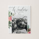 Wonders of his love Christmas floral script photo Jigsaw Puzzle<br><div class="desc">Christmas religious script photo jigsaw puzzle "Wonders of his love" with watercolor winter pink floral and woodland pine branch. Please contact me if you need additional items.</div>