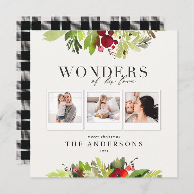 Wonders of his love multi photo plaid and foliage holiday card (Front/Back)