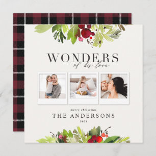 Wonders of his love multi photo plaid and foliage holiday card