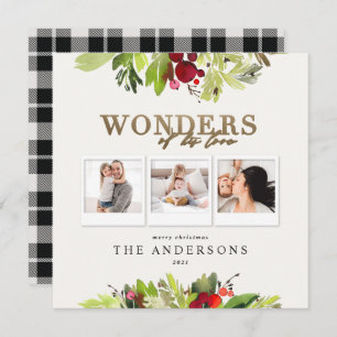 Wonders of his love multi photo plaid gold foliage holiday card