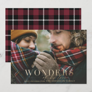 Wonders of his love plaid photo gold holiday card