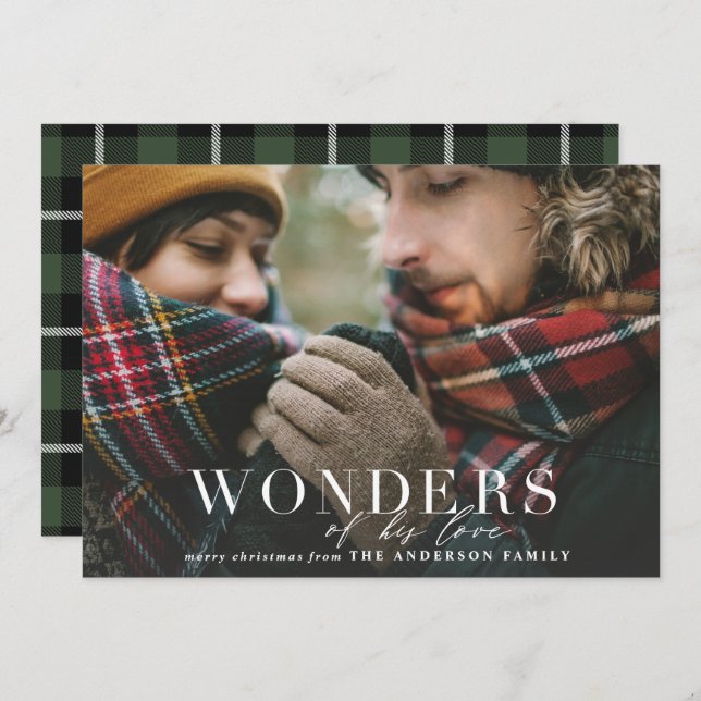 Wonders of his love plaid photo modern script holiday card (Front/Back)