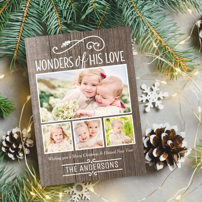Wonders of His Love Rustic Christmas Photo Collage Holiday Card (Creator Uploaded)