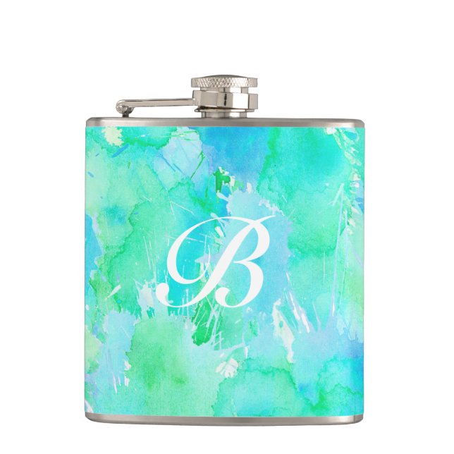Wondrous Watercolors Aqua Hip Flask (Front)