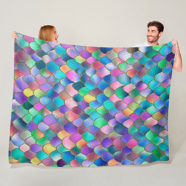 Wonky Rainbow Glitter Metal Mermaid Scales Fleece Blanket (In Situ)