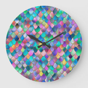 Wonky Rainbow Glitter Metal Mermaid Scales Large Clock
