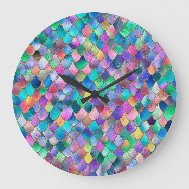 Wonky Rainbow Glitter Metal Mermaid Scales Large Clock (Front)