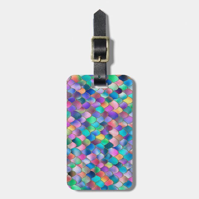 Wonky Rainbow Glitter Metal Mermaid Scales Luggage Tag (Front Vertical)