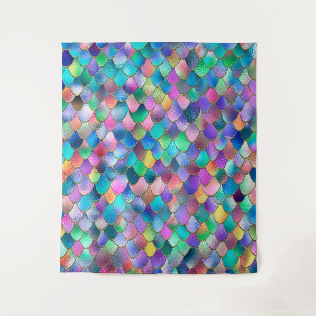 Wonky Rainbow Glitter Metal Mermaid Scales Tapestry (Front)