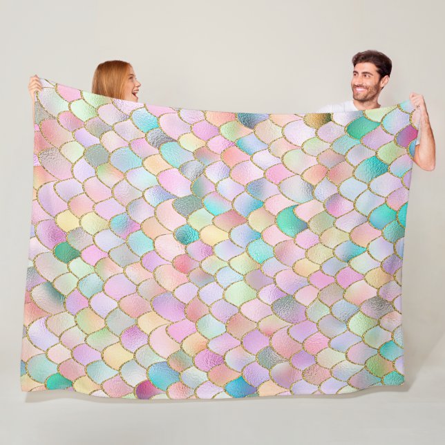 Wonky Trendy Rainbow Girl Metal Mermaid Scales Fleece Blanket (In Situ)
