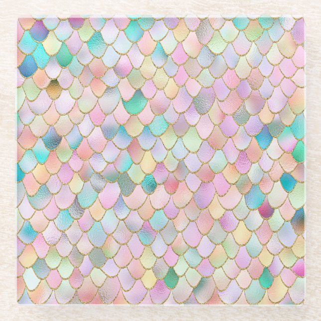 Wonky Trendy Rainbow Girl Metal Mermaid Scales Glass Coaster (Front)