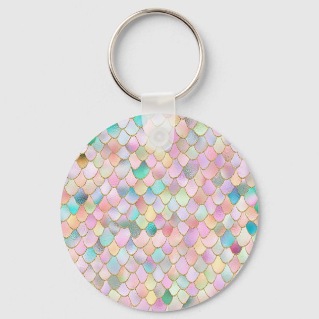 Wonky Trendy Rainbow Girl Metal Mermaid Scales Key Ring (Front)