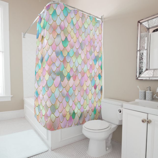 Wonky Trendy Rainbow Girl Metal Mermaid Scales Shower Curtain (In Situ)