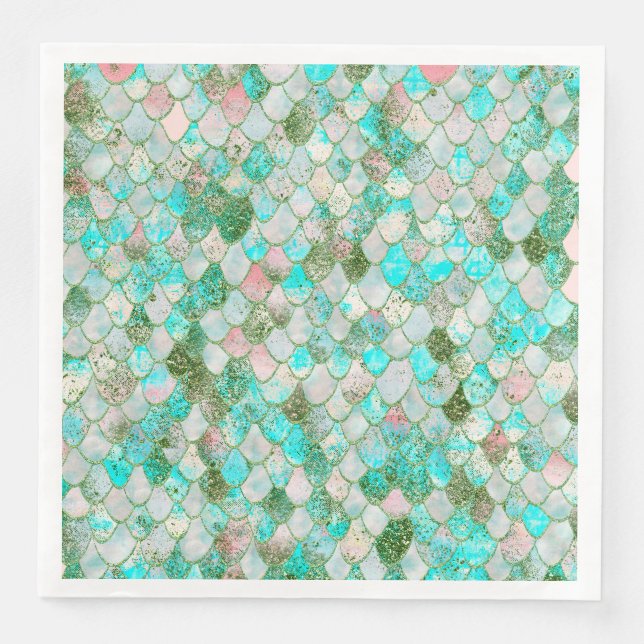 Wonky Watercolor Mint Green Glitter Mermaid Scales Napkin (Front)