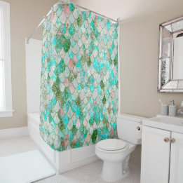 Wonky Watercolor Mint Green Glitter Mermaid Scales Shower Curtain