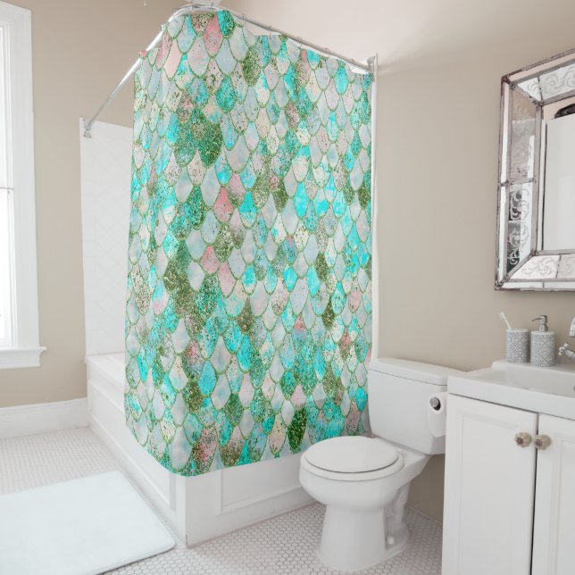 Wonky Watercolor Mint Green Glitter Mermaid Scales Shower Curtain (In Situ)