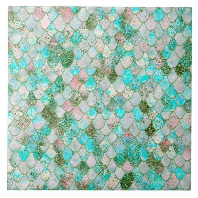 Wonky Watercolor Mint Green Glitter Mermaid Scales Tile (Front)