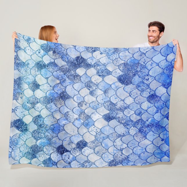Wonky Watercolor Ocean Blue Glitter Mermaid Scales Fleece Blanket (In Situ)