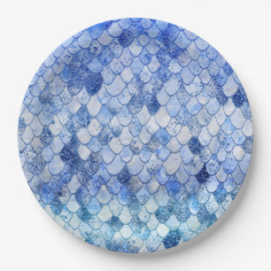 Wonky Watercolor Ocean Blue Glitter Mermaid Scales Paper Plate