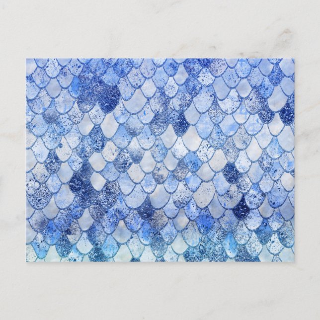 Wonky Watercolor Ocean Blue Glitter Mermaid Scales Postcard (Front)