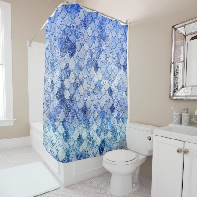 Wonky Watercolor Ocean Blue Glitter Mermaid Scales Shower Curtain (In Situ)