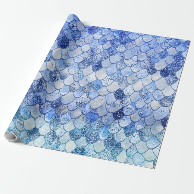 Wonky Watercolor Ocean Blue Glitter Mermaid Scales Wrapping Paper (Unrolled)
