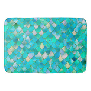 Wonky Watercolor Teal Glitter Metal Mermaid Scales Bath Mat