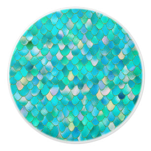 Wonky Watercolor Teal Glitter Metal Mermaid Scales Ceramic Knob