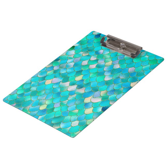 Wonky Watercolor Teal Glitter Metal Mermaid Scales Clipboard (Angled)
