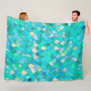 Wonky Watercolor Teal Glitter Metal Mermaid Scales Fleece Blanket
