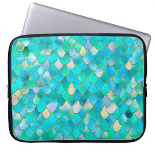 Wonky Watercolor Teal Glitter Metal Mermaid Scales Laptop Sleeve