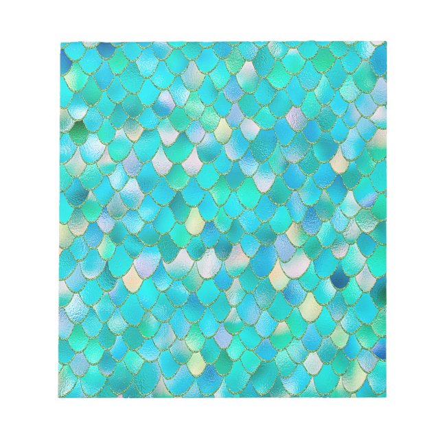 Wonky Watercolor Teal Glitter Metal Mermaid Scales Notepad (Front)