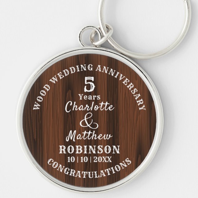 Wood 5th Anniversary Wedding Gift Personalised Key Ring (Front)