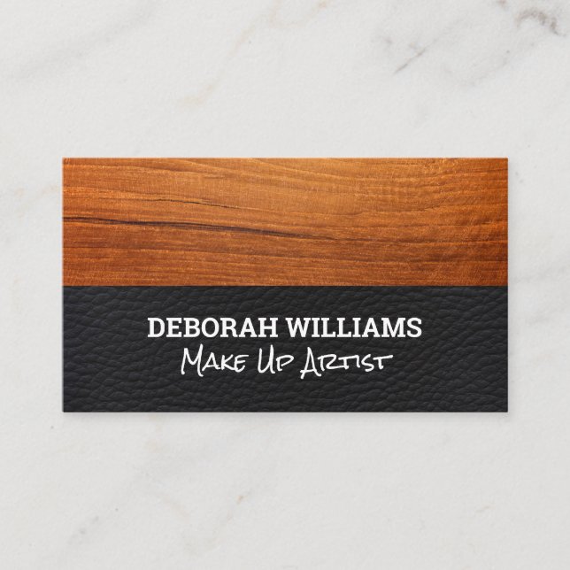 Wood and Black Leather Business Card (Front)