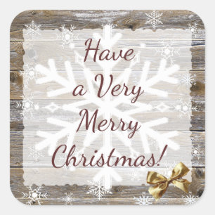 Wood and Gold Bow Snowflakes Christmas Square Sticker