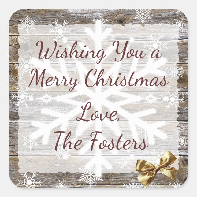 Wood and Gold  Bow Snowflakes Christmas Square Sticker (Front)