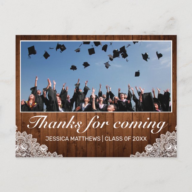 Wood and Lace Graduation Thanks for Coming Photo P Postcard (Front)
