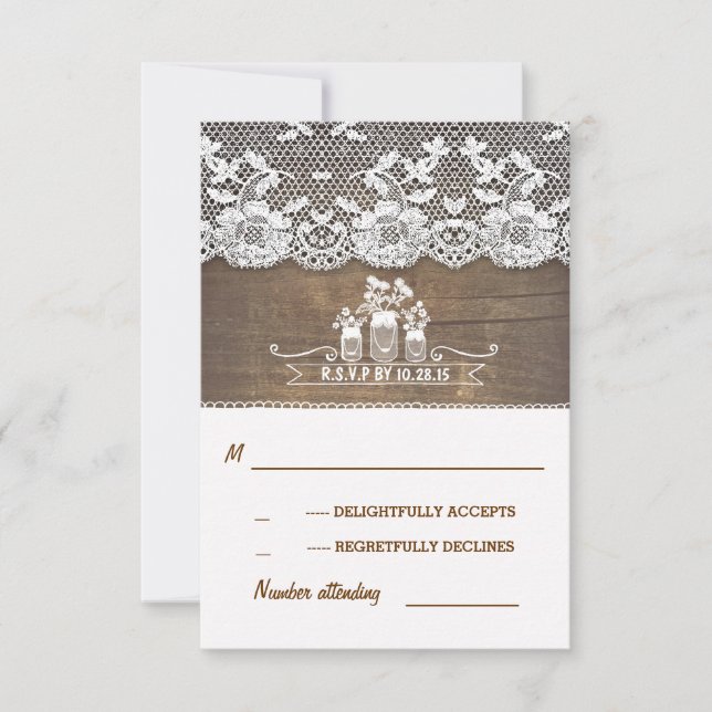 wood and lace mason jars rustic wedding RSVP cards (Front)