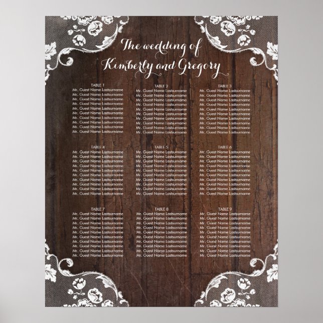 Wood and Lace Rustic Wedding Seating Chart (Front)