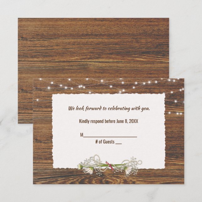 Wood and Light String Wedding RSVP Card (Front/Back)